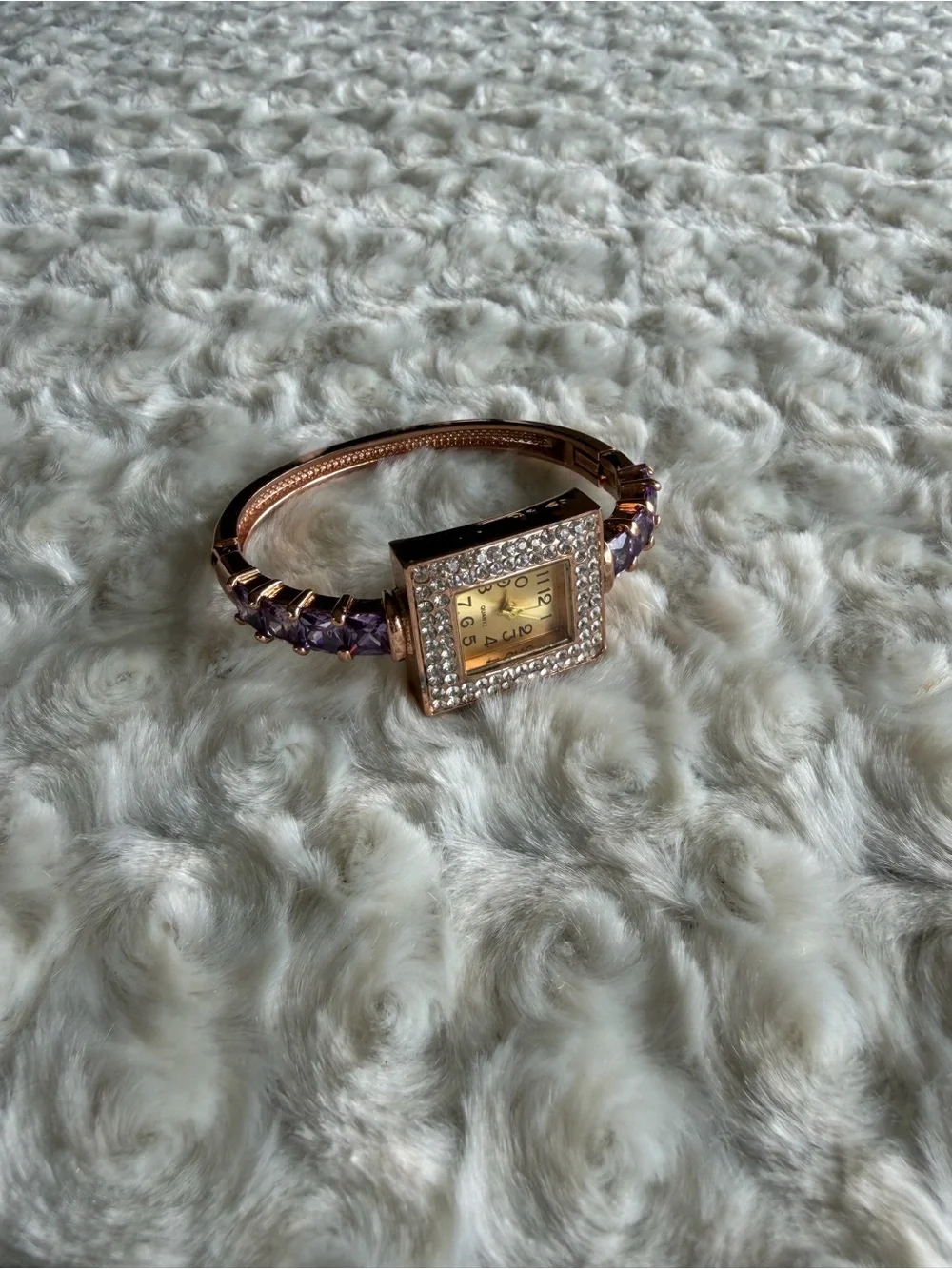 Rose Gold Bracelet Watch with Purple Gem Accents